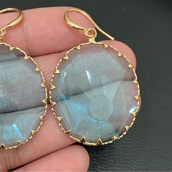 Unsigned Blue Topaz Faceted Glass Round Bezel Drop Earrings 11.8g - Picture 8 of 15